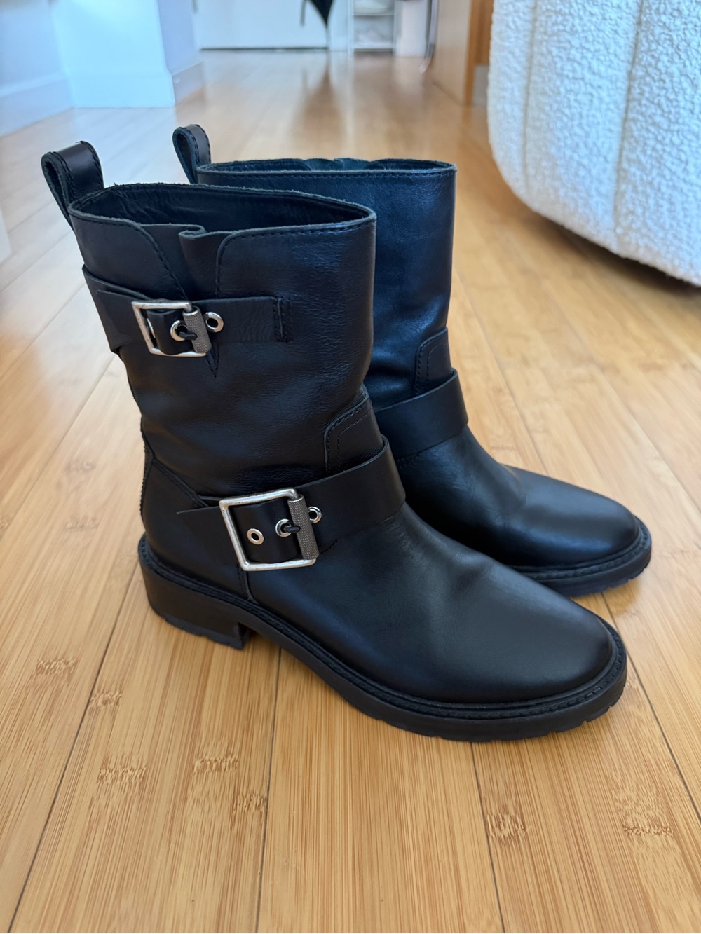Rag & Bone Cannon Moto Black Leather Buckle Boots